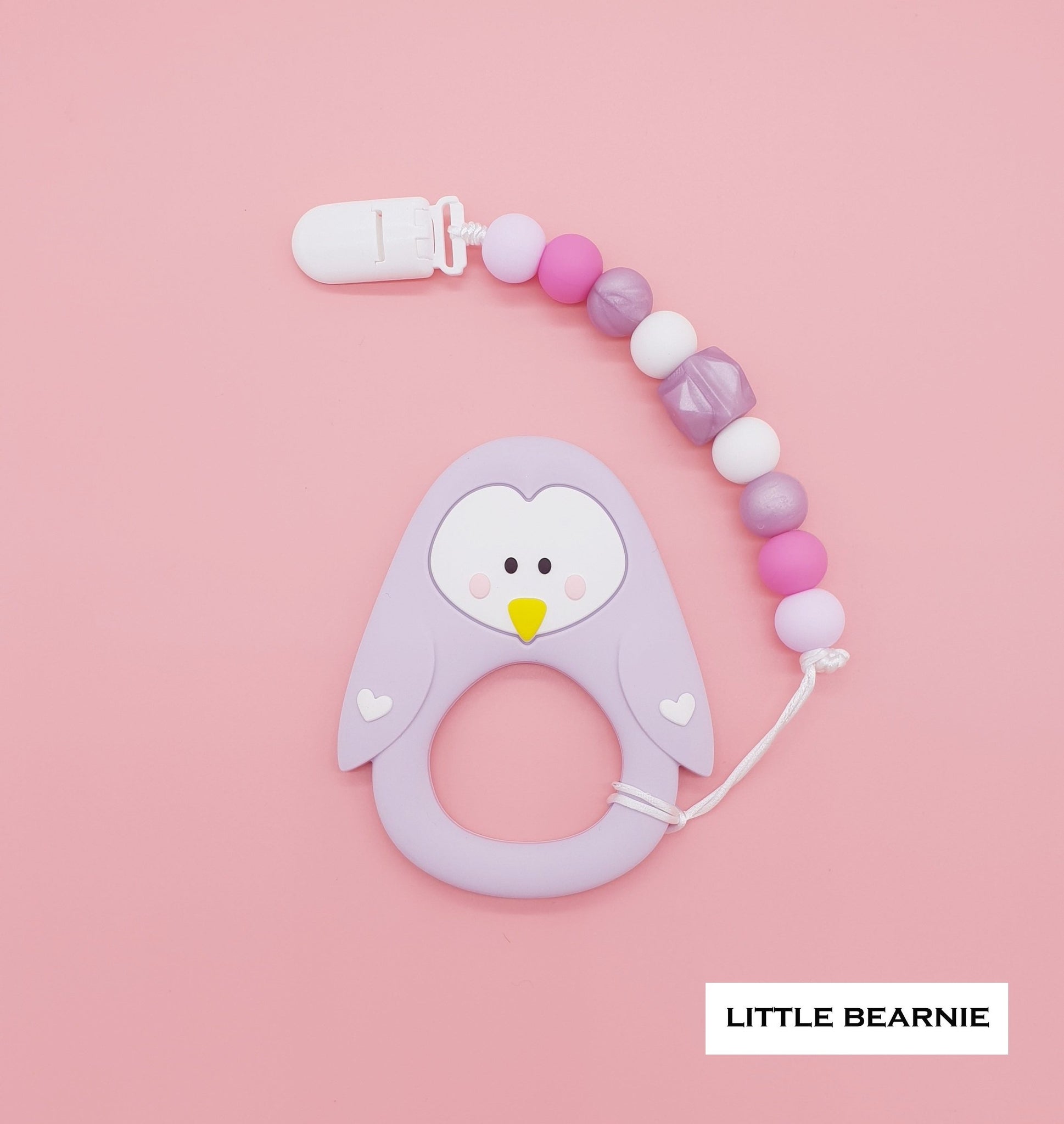 Modern Baby Teether Clip Set - Lovely Penguin (Lilac) - Little Bearnie 