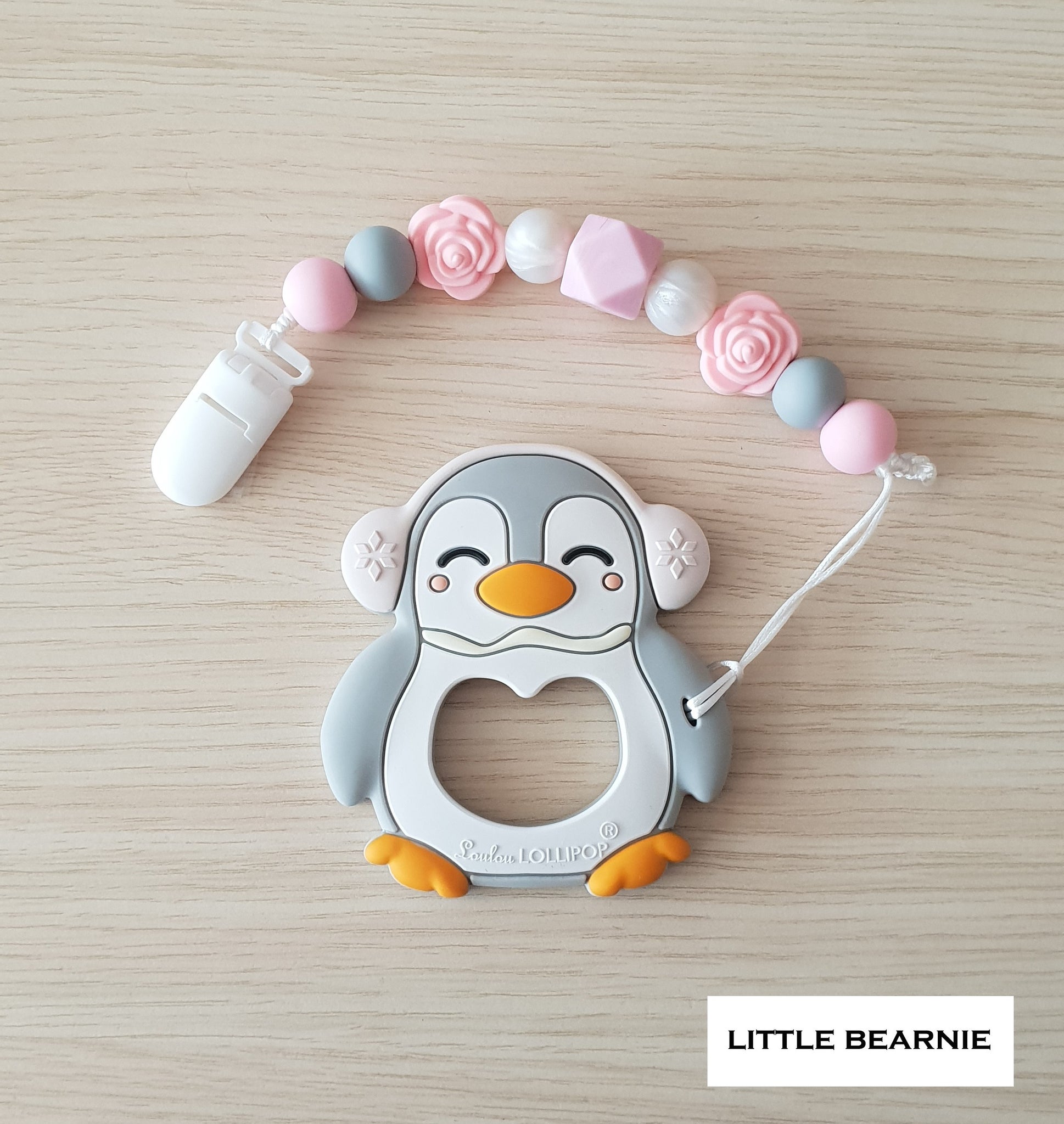 [SALE] Modern Baby Teether Clip Set - Muffy Penguin (Light Grey) - Little Bearnie 