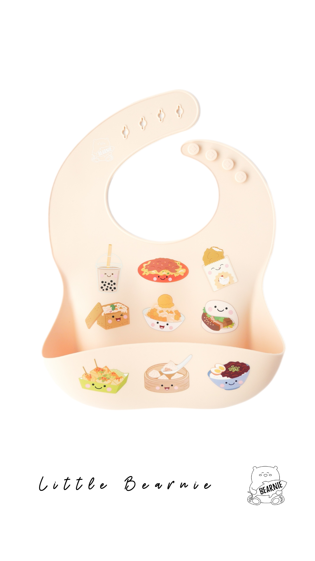 Silicone Bib - Taiwan Foodies (Peach Puff) - Little Bearnie 