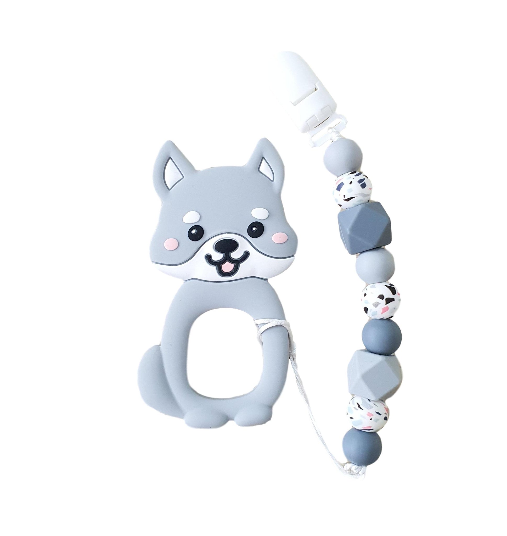 Modern Baby Teether Clip Set - Cutie Shiba (Grey) - Little Bearnie 