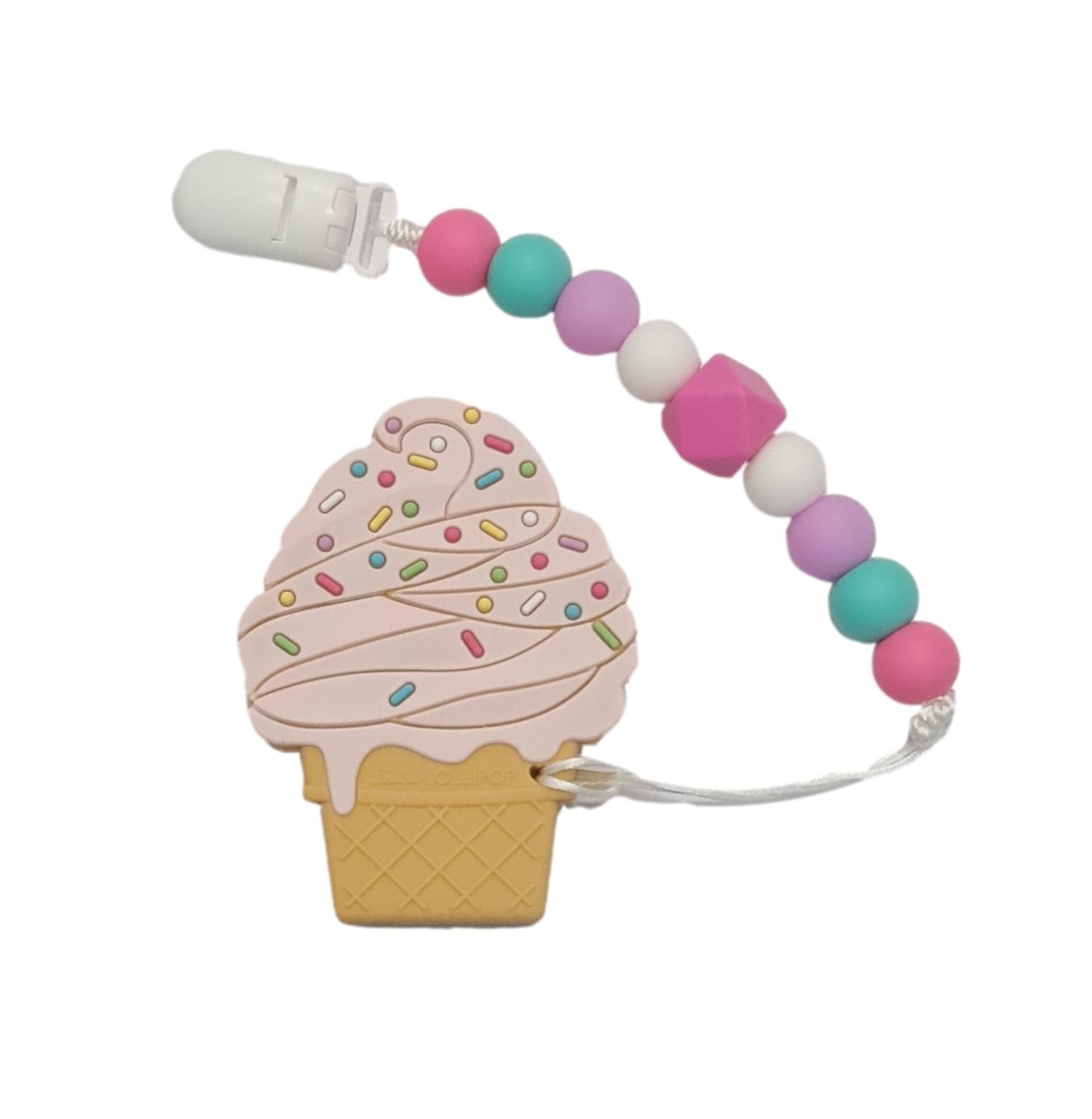 Modern Baby Teether Clip Set - Strawberry Swirl Icecream Design - Little Bearnie 